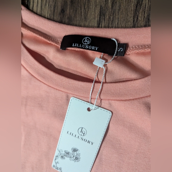 LILLUSORY Womens Front Wrap Short Sleeve Ruched T Shirt Dress Peach Coral Small - Picture 4 of 11